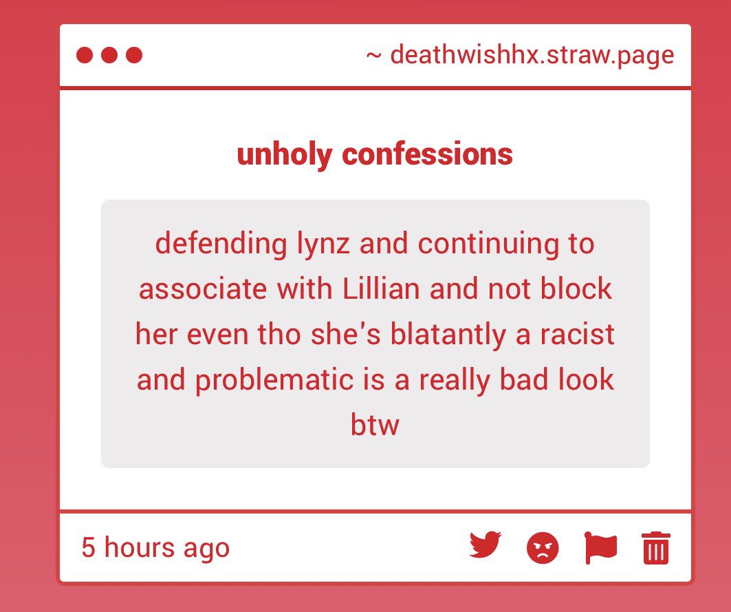 deathwishhx's tweet photo. bold of you to assume lillian isn’t blocked by now..and not to mention how she’s harassing me on every platform even making new accounts here. and i didn’t know lynz was allegedly racist so if someone can show me evidence instead of complaining on my strawpage that would be nice! https://t.co/yhwoOTKsuC