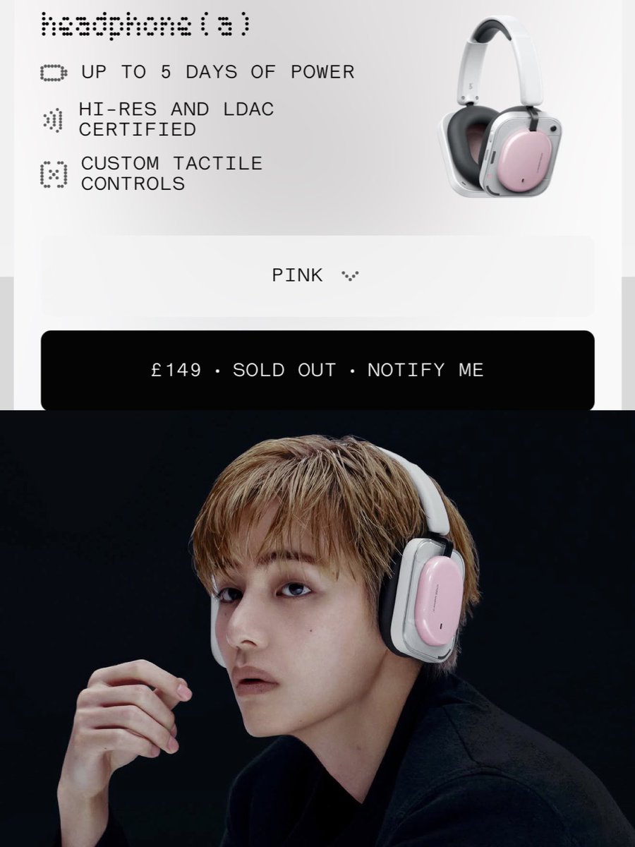 KTH_UK's tweet photo. Nothing Headphone (1) in Pink is SOLD OUT on the official UK 🇬🇧 Nothing store! 🩷🎧 Pink is clearly a favourite, and seeing Taehyung wearing it makes it even more irresistible. 

NOTHING GLOBAL AMBASSADOR V
TAEHYUNG FOR NOTHING
#TAEHYUNGxNOTHING
#VxNOTHING https://t.co/cjQypY1vdR