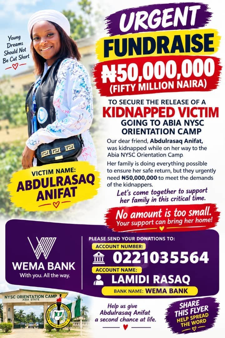 creative_yua's tweet photo. This lady, whom I know through a friend of mine, was one of those PCMs who were kidnapped on their way to the NYSC orientation camp in Abia.

Now the kidnappers are demanding ₦50 million. Just like that!

The video below was recorded before they started their journey.

All they wanted to do was serve their fatherland. They never knew they were getting into the hands of kidnappers!

The NYSC and the government have failed them.

Family and friends are now left to run helter-skelter in search of money that's not available.

Please, let's help in any way we can. The flyer below contains her father's account number.

NYSC should really either be scrapped entirely or corps members should be allowed to camp and serve only within their regions!

The security situation in the country is just too volatile for interstate postings!

Is this how we'll continue to hear of loved ones getting kidnapped? We can't continue like this!