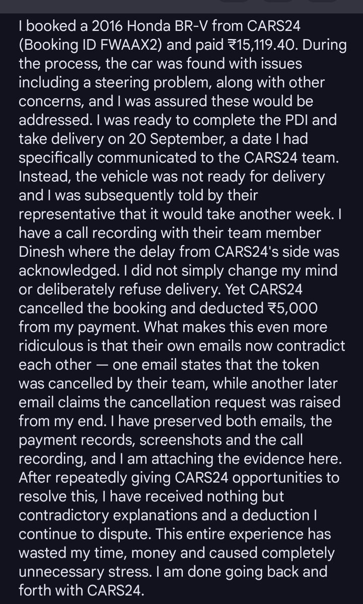 Sbkhpfw's tweet photo. @cars24india What an absolute mess. Faulty car, delayed delivery, then blame the customer and deduct ₹5,000. I have attached BOTH contradictory emails and a call recording where your own team acknowledges the delay from CARS24’s side. Enough of this pathetic experience. #scam https://t.co/0Bnj4C0Vmr