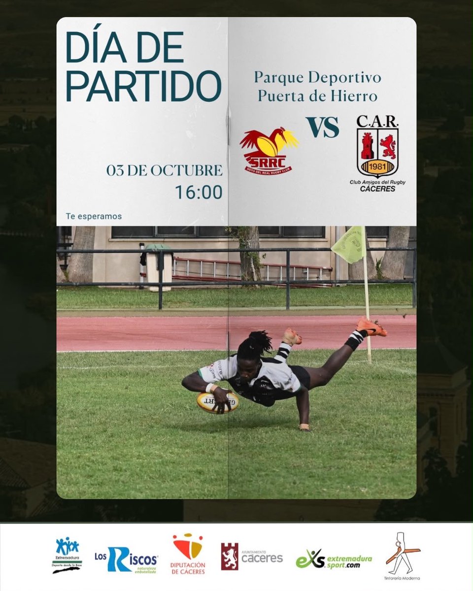 CARCaceres1981's tweet photo. Puerta del Hierro (con H de #rugby)
Sábado 3/10/26 16h
@Rugby_SRRC @CARCaceres1981 

Tenéis el enlace al streaming en la web del CAR CÁCERES https://t.co/6zQYKDP97M