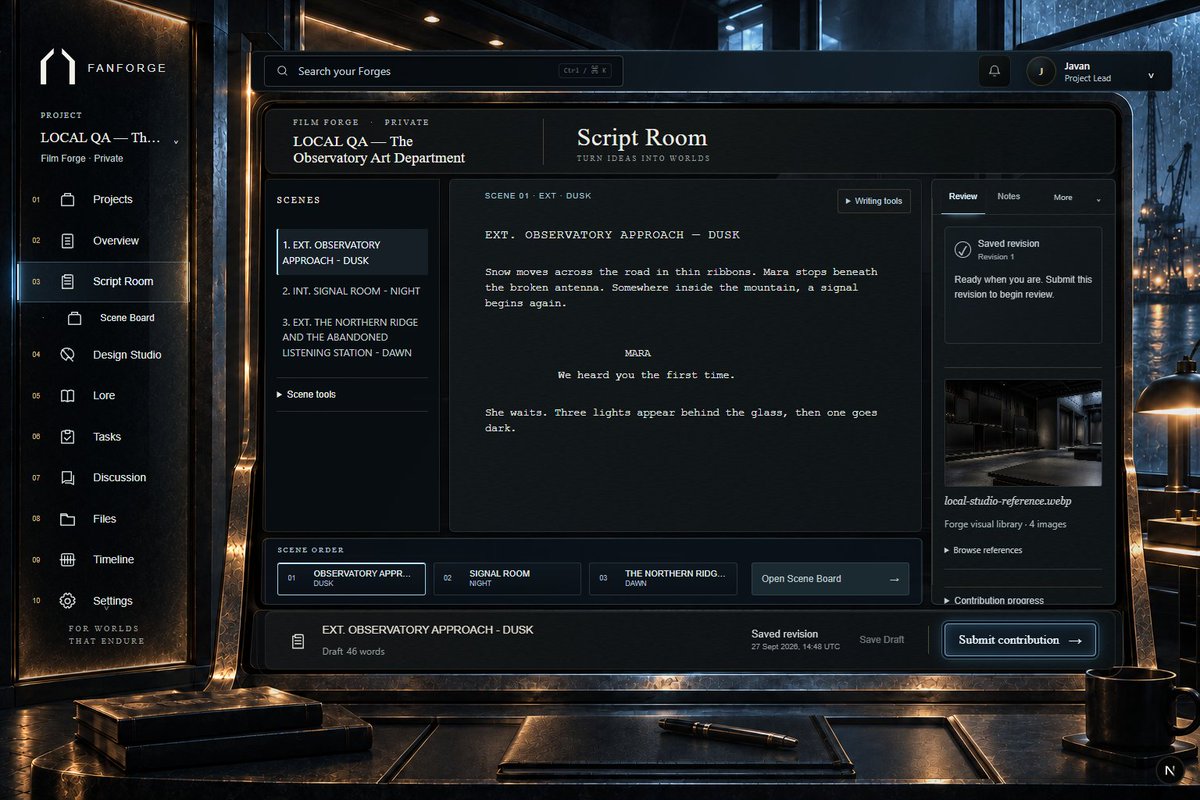 JoinFanForge's tweet photo. Been working on these two rooms in FanForge.

One for writing prose, one for scripts. I wanted them to feel different, not just the same screen with a different label.

Would you enjoy writing somewhere like this, or do you prefer a plain page?

#WritingCommunity #Screenwriting https://t.co/IZODm8fT0p