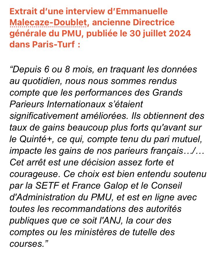 pbiane's tweet photo. #Equidia #FranceGalop #SETF
Tel un navire en perdition, le #PMU va donc faire marche arrière ! À compter de ce lundi 5 octobre, les #GPI vont à nouveau être autorisés à jouer au #Quinté. Pourtant, souvenez-vous comment, voici 2 ans, le #PMU avait justifié leur interdiction ⬇️ https://t.co/WJgCVtJBvn