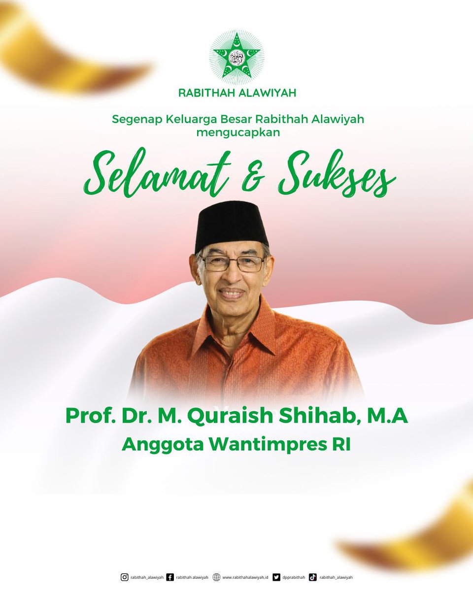 dpprabithah's tweet photo. Segenap Keluarga Besar Rabithah Alawiyah mengucapkan Selamat &amp; Sukses kepada Prof. Dr. M. Quraish Shihab, M.A sebagai anggota Wantimpres RI https://t.co/Id2sGbRUox