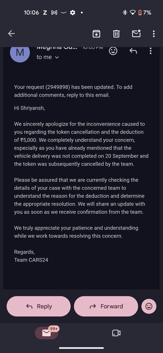Sbkhpfw's tweet photo. @cars24india What an absolute mess. Faulty car, delayed delivery, then blame the customer and deduct ₹5,000. I have attached BOTH contradictory emails and a call recording where your own team acknowledges the delay from CARS24’s side. Enough of this pathetic experience. #scam https://t.co/0Bnj4C0Vmr