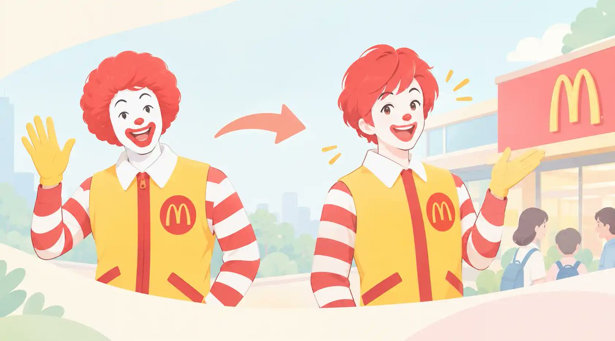 SatoRin98's tweet photo. マクドナルド日本が10月1日、キャラクター名を「ドナルド」から「ロナルド」に変更😳
1971年の日本1号店から、日本だけ名前が違っていました。理由や背景、ファンの反応をまとめました👇
 https://t.co/aHkGBNbGwU
#マクドナルド #ロナルド https://t.co/wPjuMk75uG