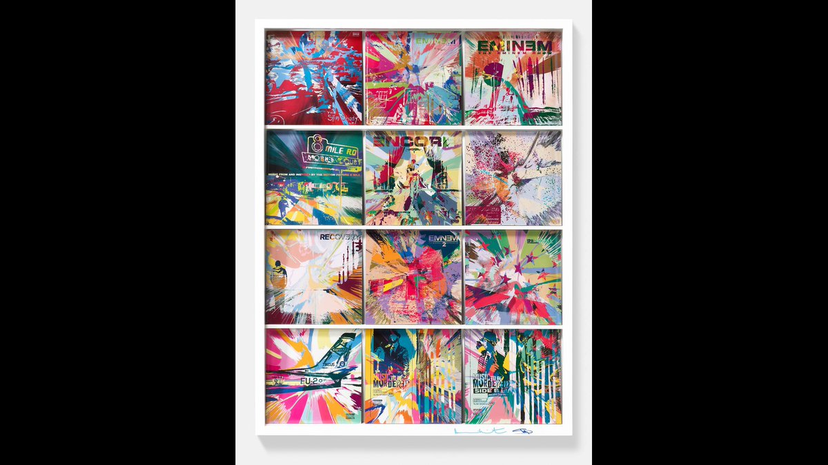 followtreasures's tweet photo. Damien Hirst and Eminem have opened American Dream at HENI Gallery: three cabinets holding twelve reimagined album sleeves, new spin paintings and print editions. London, 2–19 October. https://t.co/7rGWLVGPnz https://t.co/OmouRXz9UK