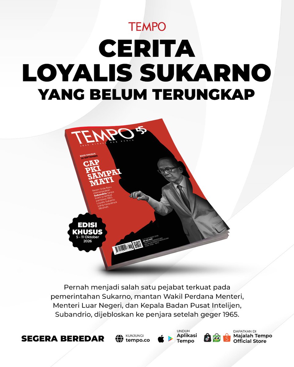 tempodotco's tweet photo. EDISI KHUSUS SOEBANDRIO

Pernah menjadi salah satu pejabat terkuat pada pemerintahan Sukarno, mantan Wakil Perdana Menteri, Menteri Luar Negeri, dan Kepala Badan Pusat Intelijen, Soebandrio, dijebloskan ke penjara setelah geger 1965.

Cenderung berhaluan kiri, Soebandrio bukanlah anggota Partai Komunis Indonesia. Loyalitasnya kepada Bung Karno yang membuat dia ditahan selama 29 tahun.

Bagaimana seorang dokter bedah akhirnya menjadi politikus dan dekat dengan Bung Besar?

Betulkah ada Dana Revolusi yang tersimpan di bank di Swiss?

Kisah Soebandrio dari masa kecil, pengakuan dari dalam penjara, dan kehidupannya setelah bebas.