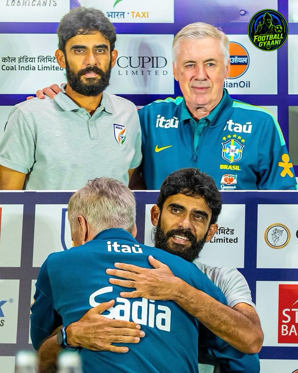 FootballGyaani's tweet photo. Two coaching minds. One unforgettable football moment. 🇮🇳🤝🇧🇷⚽

A special meeting between India head coach Khalid Jamil and Brazil coach Carlo Ancelotti ahead of the India vs Brazil friendly. 🔥

#IndiaFootball #BrazilFootball #KhalidJamil #CarloAncelotti https://t.co/xrtArEQ2Bo