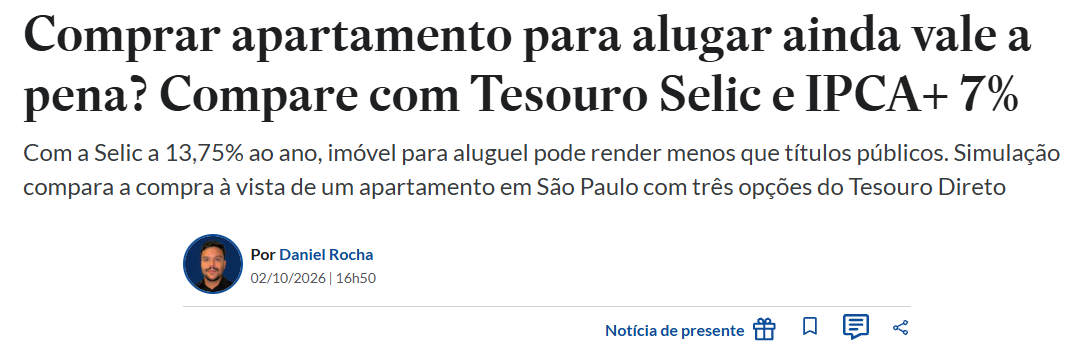 opapoeconomico's tweet photo. Comprar apê pra viver de aluguel ainda é o plano de muito brasileiro. Com a Selic a 13,75%, a conta não fecha.

A EQI simulou: apartamento de 65 m² em São Paulo, R$ 822 mil já com ITBI e cartório, alugado por R$ 4.260.

Aí vem a fila de descontos. Administração, IR de 27,5% no carnê-leão, manutenção, condomínio e IPTU no mês sem inquilino. Sobra 3,3% no primeiro ano. Somando a valorização e a venda depois de seis anos, 5,1% ao ano.

E o Tesouro, já sem custódia e IR?
→ Prefixado 2032: 12,3%
→ Selic: 12%
→ IPCA+ 2032: 10,3%

Nem valorizando 10% ao ano, quase o triplo da média recente, o imóvel alcança a Selic.

Tem ressalva. A conta supõe Selic parada por seis anos, e o Focus vê 12% no fim de 2027. Se o juro cair, o Tesouro Selic rende menos e o tijolo volta pro jogo. Quem quer travar a taxa de hoje tem prefixado e IPCA+, levando até o vencimento.

Por que o governo paga tanto? Porque gasta mais do que arrecada e precisa do seu dinheiro.

O melhor inquilino do Brasil é ele. Paga em dia e nunca pede reforma.