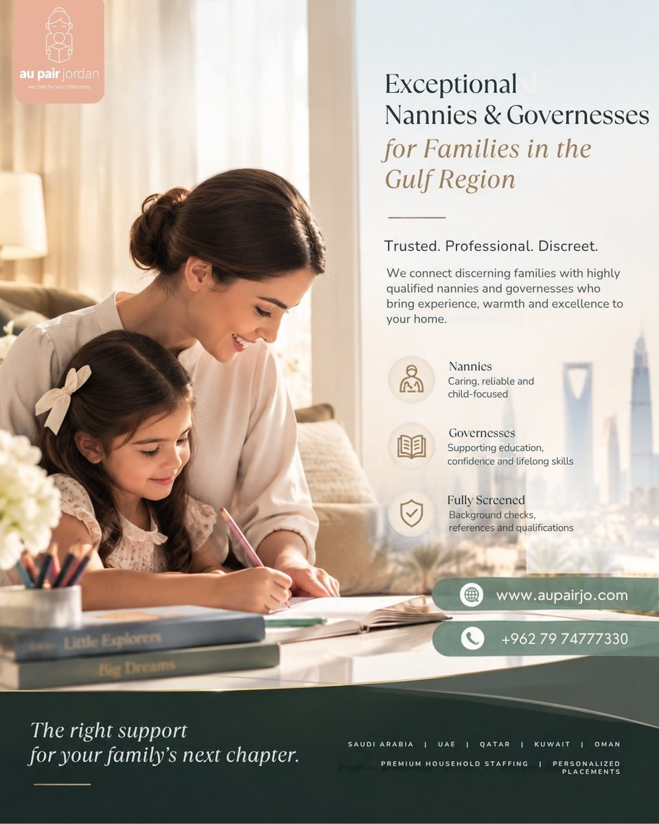 aupairjordan's tweet photo. Exceptional childcare begins with the right person. 🤍

We connect discerning Gulf families with carefully selected Nannies &amp; Governesses, offering  discreet and personalised placements.

📞 +962 79 747 7730
🌐 https://t.co/b3QBPlXyZE
#AuPairJordan #Nanny #Governess #GulfFamilies https://t.co/oPSz6vz2Rd
