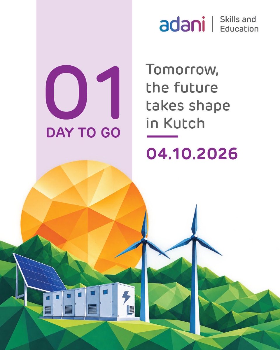 AdaniSkills's tweet photo. Tomorrow, Kutch takes a step towards powering the future.

Where green infrastructure meets green skills.

Where local talent meets global opportunity.

Where the workforce of tomorrow begins to take shape.

One day to go.
04.10.2026

#AdaniSkillsAndEducation #GreenSkills #Kutch https://t.co/b0CFag4qYz