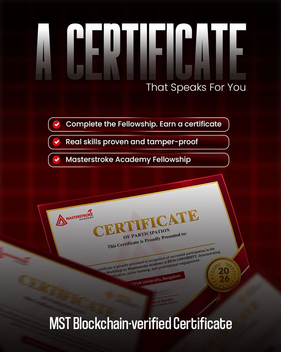 MSTBlockchainHQ's tweet photo. Your hard work deserves more than a piece of paper.

The Masterstroke Academy Fellowship certificate is MST Blockchain-verified. 
Permanently recorded, tamper-proof, and impossible to fake.

Because when you've built real blockchain skills, your proof should be just as real. 🎓

Explore more: https://t.co/5s3wKRlufK

#MasterstrokeAcademy #BlockchainCertified #Web3Education #FellowshipProgram