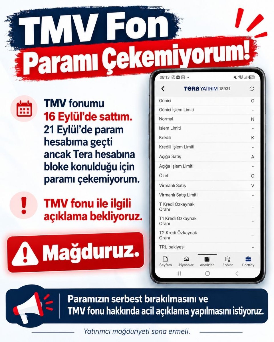 EmsGersYeah's tweet photo. #TMVDuyulsun TERA YATIRIM aracı kurumunda cari hesaplar blokeli.Paralarımızı çekemiyoruz.Yetkililer önümüzü açın,sesimizi duyun yeter artık! @spkgovtr @Takasbank @MerkeziKayitTur @_cevdetyilmaz @memetsimsek @iletisim https://t.co/hmkTyNvTB5