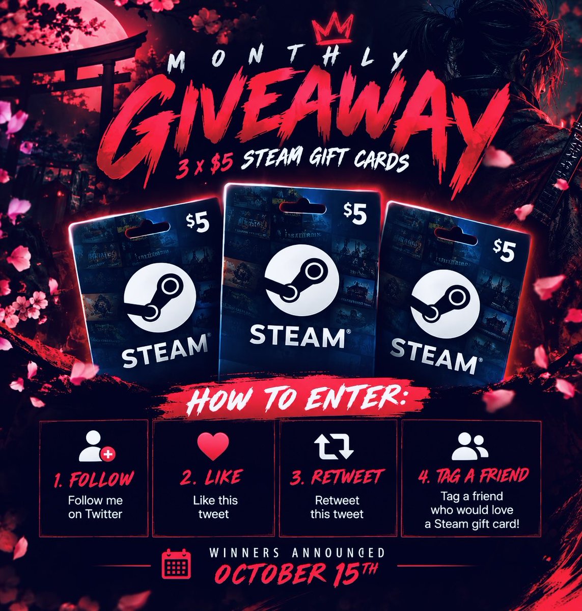 Koni_ink's tweet photo. 🎁 OCTOBER MONTHLY GIVEAWAY! 🎁

As promised, there will now be ONE giveaway per month here on X and this is October’s! 🤍

3× $5 Steam Gift Cards = 3 WINNERS!

To enter:
♥️ Like
🔁 Retweet
➕ Follow @Koni_ink
👥 Tag a friend

🏆 3 winners announced October 15th!

Good luck everyone! And remember, this is the one and only X giveaway for October the rest is all about our Twitch & Discord community. 🌹❤️
