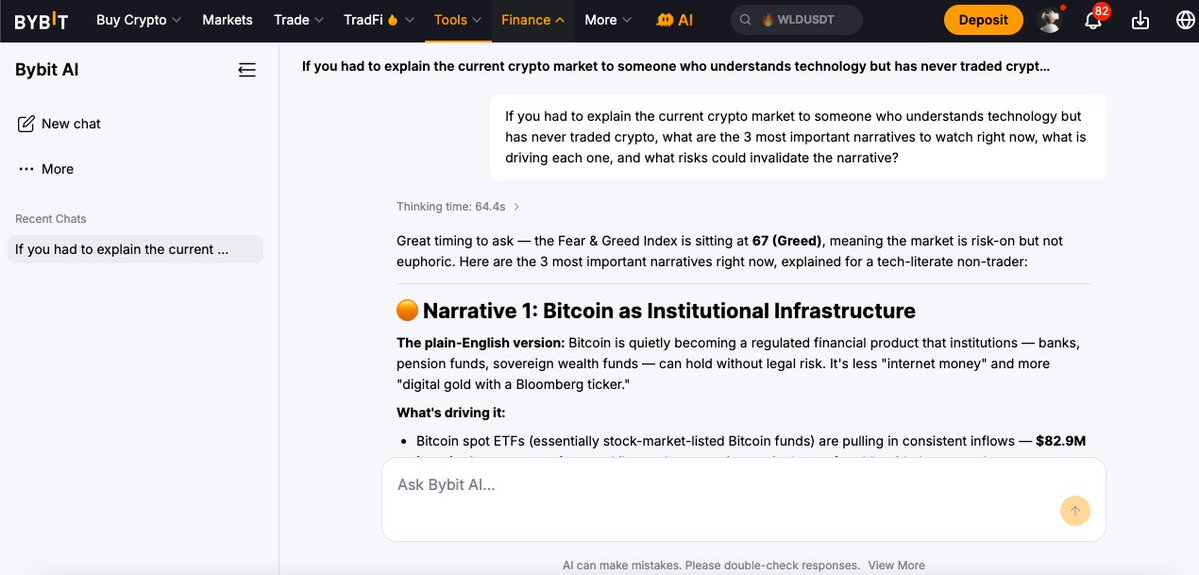 TewogbolaAbdul1's tweet photo. Testing Bybit AI π
I wanted to see how well it could break down the crypto market beyond the usual headlines.
The answer was actually interesting. π€
What would you ask Bybit AI?
#BybitAIPromptShowOff @BybitAfrica https://t.co/97iEyor8AF