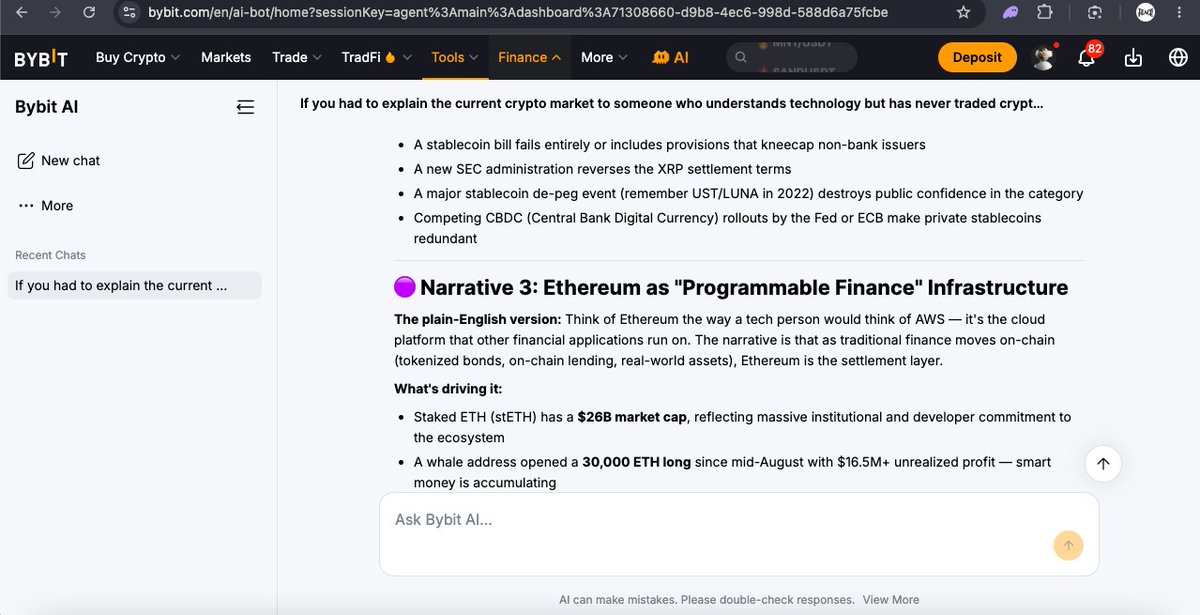 TewogbolaAbdul1's tweet photo. Testing Bybit AI π
I wanted to see how well it could break down the crypto market beyond the usual headlines.
The answer was actually interesting. π€
What would you ask Bybit AI?
#BybitAIPromptShowOff @BybitAfrica https://t.co/97iEyor8AF