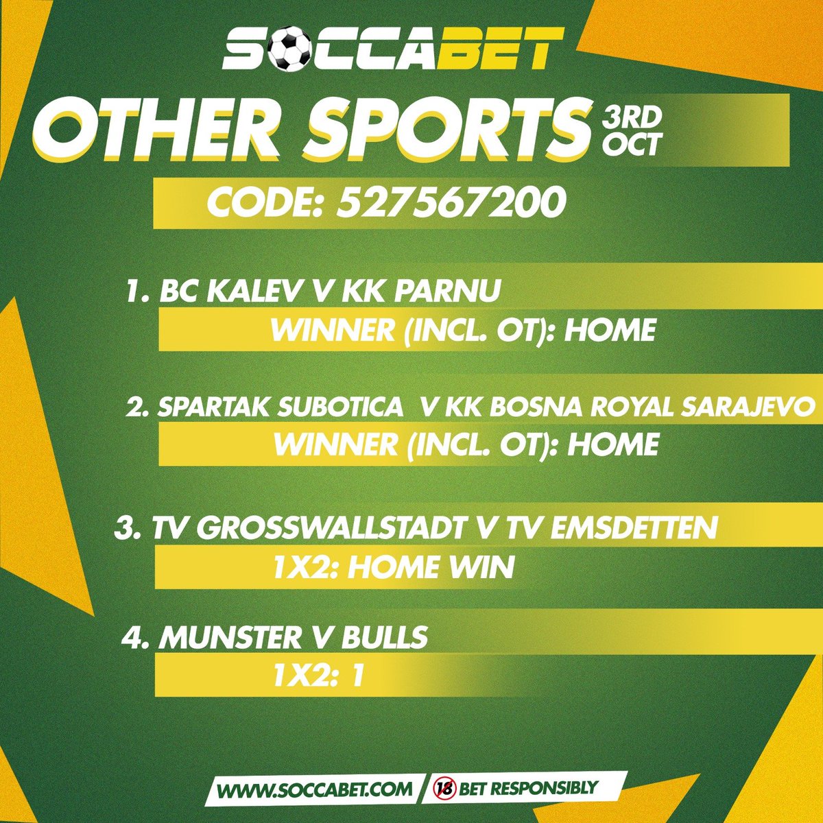soccabet's tweet photo. The weekend is here and these are the predictions for today. Bet on Favourites, Safe, Thriller and other sports predictios on the Soccabet app now. #betresponsibly🔞 #BetWithSoccabet https://t.co/MiHEGun4L2