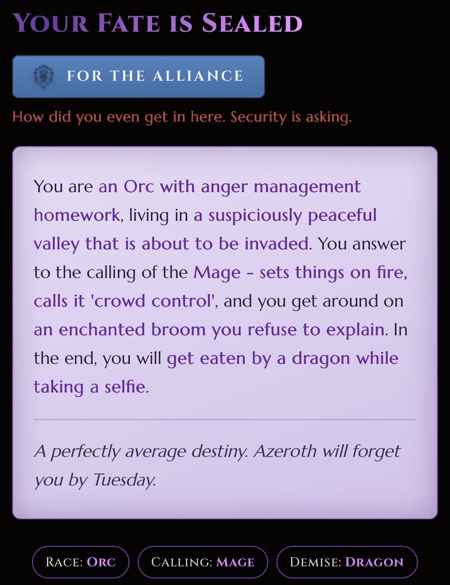 Caityxox's tweet photo. I somehow got Alliance but an Orc 🤣 forever mage though!!!! https://t.co/nuD07fuqyn