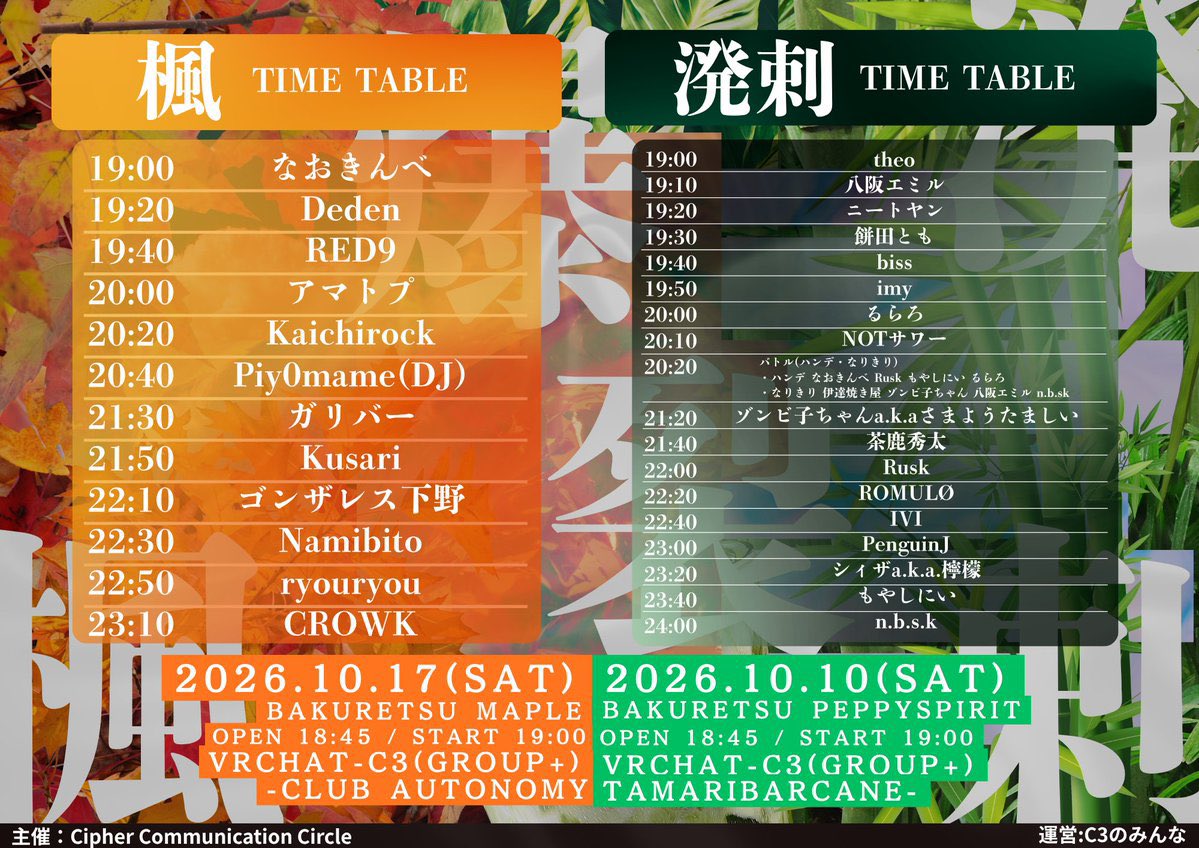namibito7's tweet photo. 【ライブのお知らせ📢】

🍁🍁 爆裂溌剌 - 楓 - #BAKURETSU 🍁🍁

爆裂溌剌
📅 2026.10.10 19:00〜
📍 C3 Group+ (Tamari Bar Cane)

爆裂楓
📅 2026.10.17 19:00〜
📍 C3 Group+ (Club Autonomy)

いよいよ来週末ぅ！！！！
新曲新曲新曲新曲新曲！！！！！！！

#VRChat https://t.co/9W4aLAUjuz