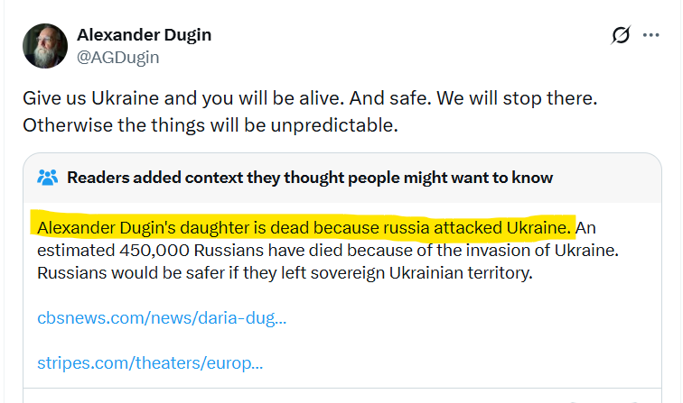DarthPutinKGB's tweet photo. In which @AGDugin gets one of the all time community notes..... https://t.co/Di47rzClIg