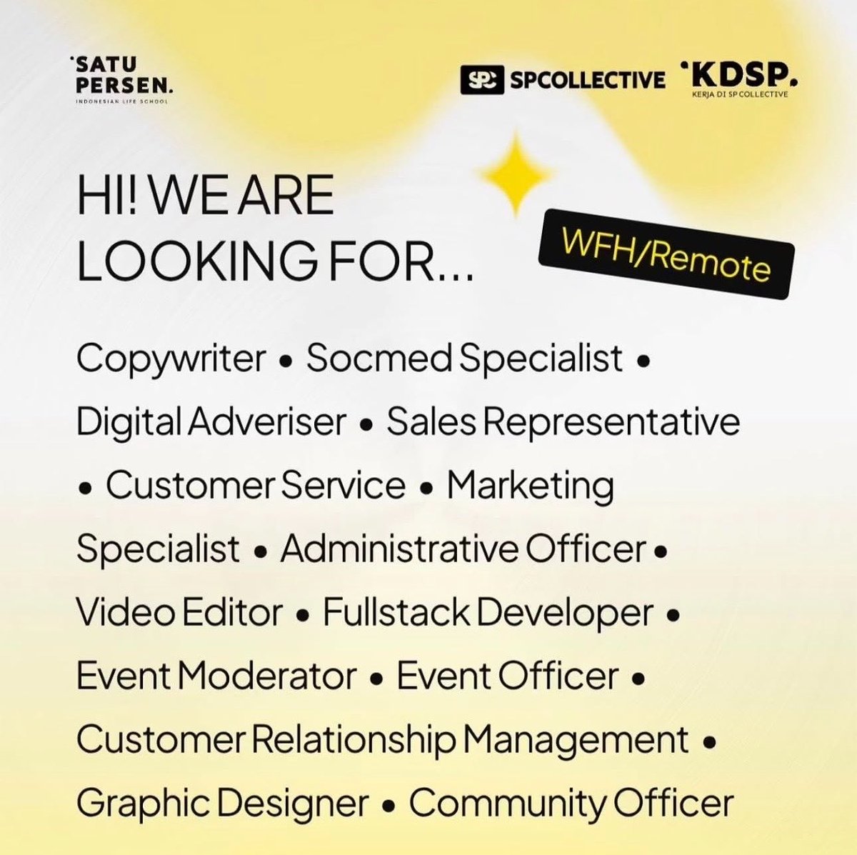 LeadHerLogic's tweet photo. Hiring: Multiple roles

Location: Work from home /Remote

Open roles:
Copywriter
Socmed Specialist
Digital Adveriser 
Sales Representative
Customer Service 
Marketing Specialist 
Administrative Officer 
Video Editor 
Fullstack Developer 
Event Moderator 
Event Officer 
Customer Relationship Management 
Graphic Designer 
Community Officer

Which role are you interested in?