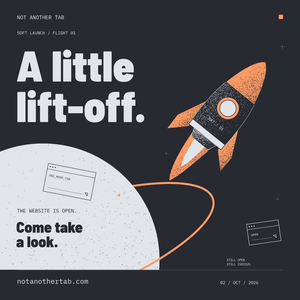 maxthepilgrim's tweet photo. A little lift-off.

Not Another Tab is open: a new home for my work across brands, digital experiences, moving images and creative detours.

The bigger introduction follows on 13 October. Come take a look.

https://t.co/fkXPzyZI3H https://t.co/ZmRR3JKGtX