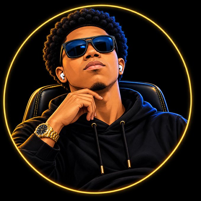 A stylized digital portrait of a young man with curly hair wearing sunglasses, a black hoodie, wireless earbuds, and a gold watch, framed by a glowing yellow circle on a black background.