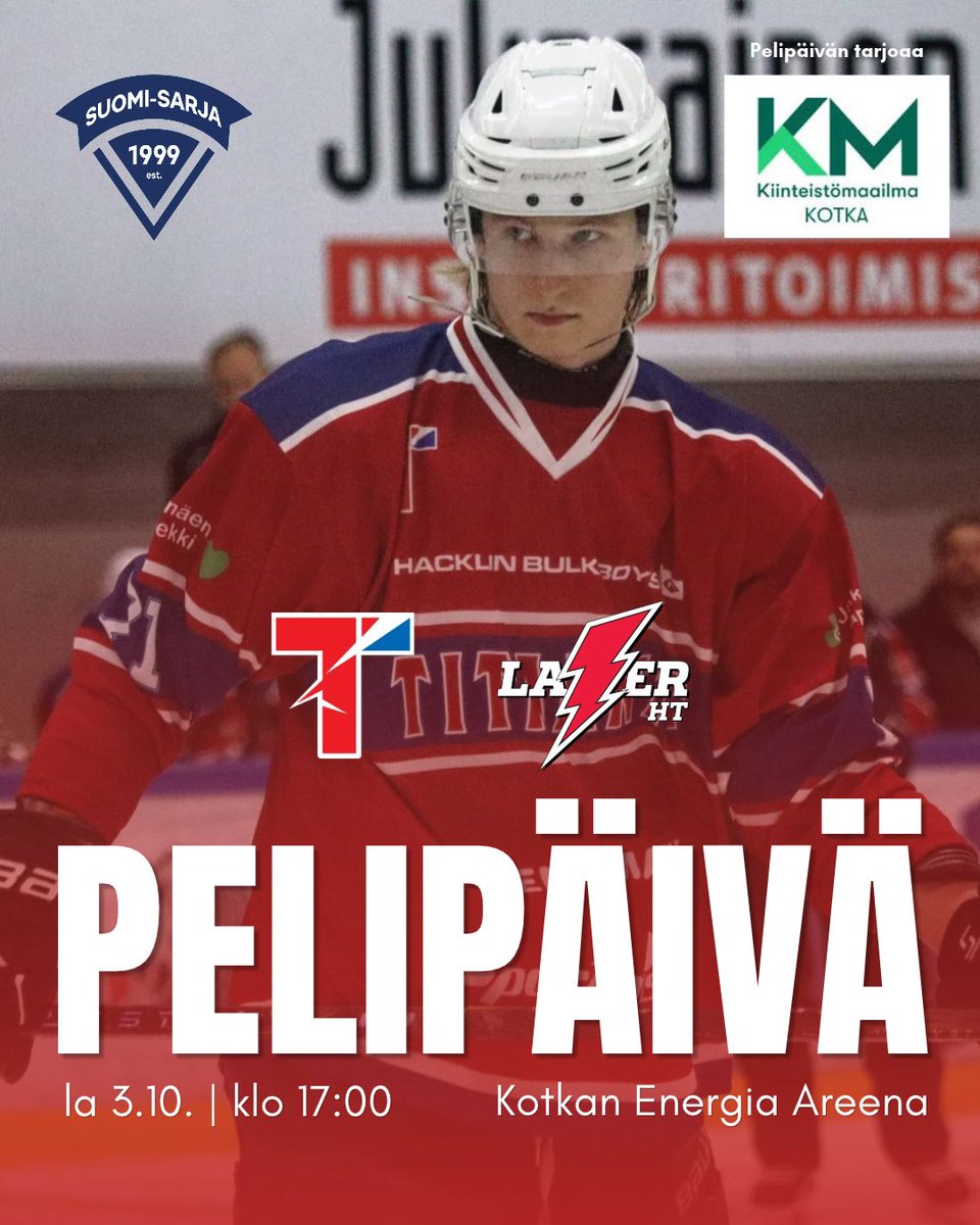 Titaanit1974's tweet photo. Tämän illan Suomi-sarjan runkosarjaottelun pelaavan titaanimiehistön katsojille tarjoaa #KiinteistömaailmaKotka! 🏒 #Titaanit #punanutut #Suomisarja #Kotka #Karhula #Hamina #Pyhtää #LaserHT #Oulu https://t.co/AmYJuQMXBh