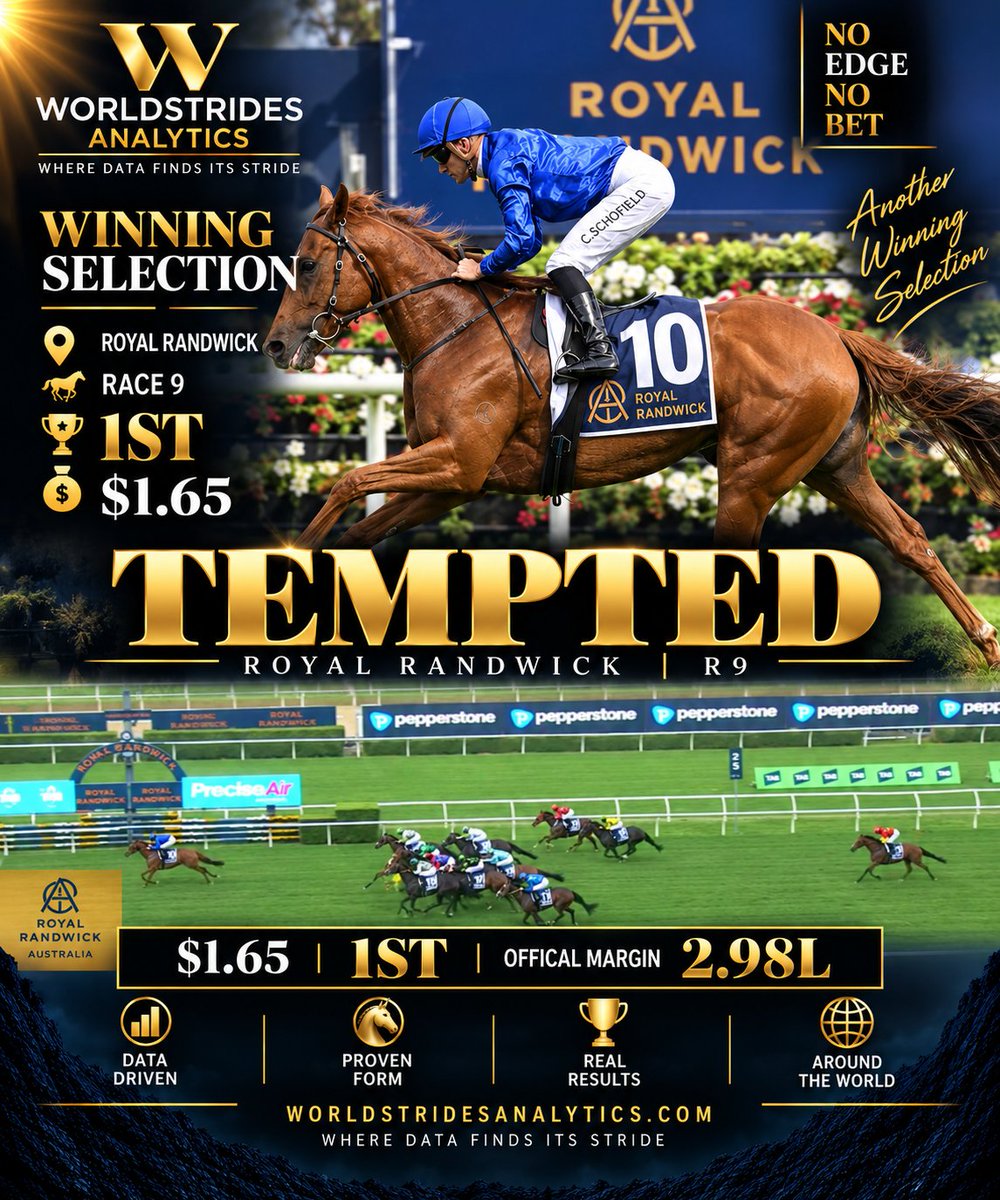 WorldstridesA's tweet photo. 🔥 HOW GOOD WAS TEMPTED TODAY?

Tempted absolutely put them away at Royal Randwick R9, winning by an official 2.98 lengths at $1.65.
She didn’t just win — she looked serious.

With The Everest approaching, the question has to be asked…

🏔️ Is Tempted the one who can seriously challenge Ka Ying Rising?

The defending champion remains the benchmark, but performances like this make the build-up even more interesting.

🏆 TEMPTED — 1ST
💰 $1.65
🔥 2.98L winning margin

The Everest is coming. Ka Ying Rising is waiting.

Where Data Finds Its Stride
https://t.co/JPS7E58pEl