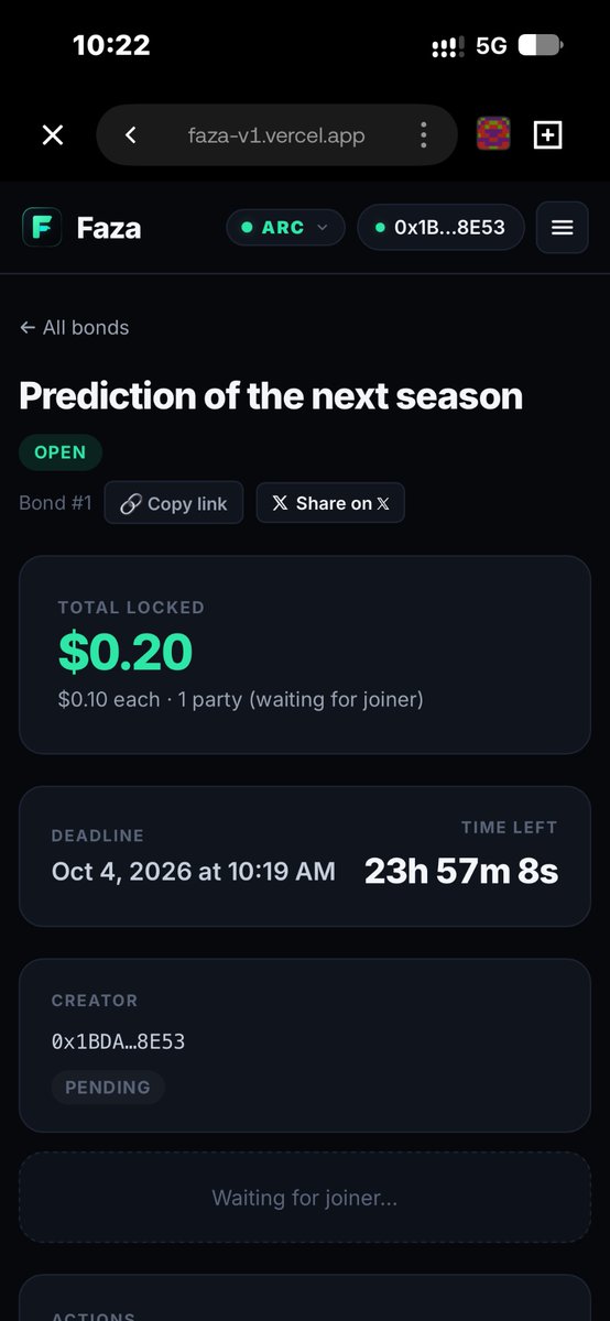 Kellycryptos's tweet photo. I created a $0.10 show-up bond on Arc: "Prediction of the next season". Match my stake before the deadline: https://t.co/e6LAYvVWnN via @fazaotc https://t.co/qYudwWYak9