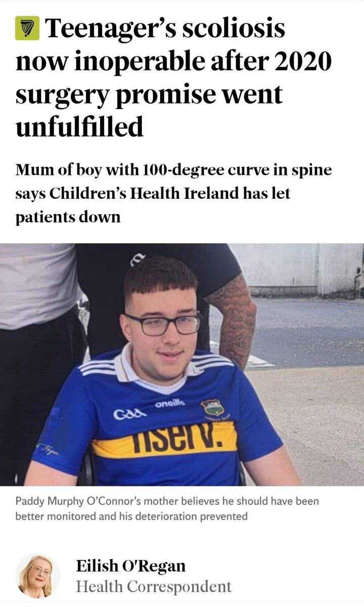caulmick's tweet photo. #PublicInquiryNOW 

A woman has told how her teenage son has been left with i noperable scoliosis after hopes of surgery were dashed.

Paddy Murphy 0' Connor (16), from Headford, Co Galway, was born with spina bifida and now has a 100-degree curve that has impacted his ribcage.

"Paddy's ribcage is rotated because of his curve which in turn leads him to not being able to breathe properly,"' his mother Megan Murphy said.

She was speaking after the death last month of nine-year-old Harvey Morrison Sherratt from Clondalkin, Dublin, who also had spina bifida and scoliosis, but waited nearly three years for surgery.

"We believe that if intervention was made at an earlier stage he would possibly have had risk-free surgery," Ms Murphy said.

"He now lives with a 100-degree curve that will progress over time. The only positive is that he is at the end of his own growing stage so it will progress slightly slower."

#PublicInquiryNOW #BackUs #JusticeforHarvey #JusticeforPaddy 

https://t.co/KsSm8Njw8M