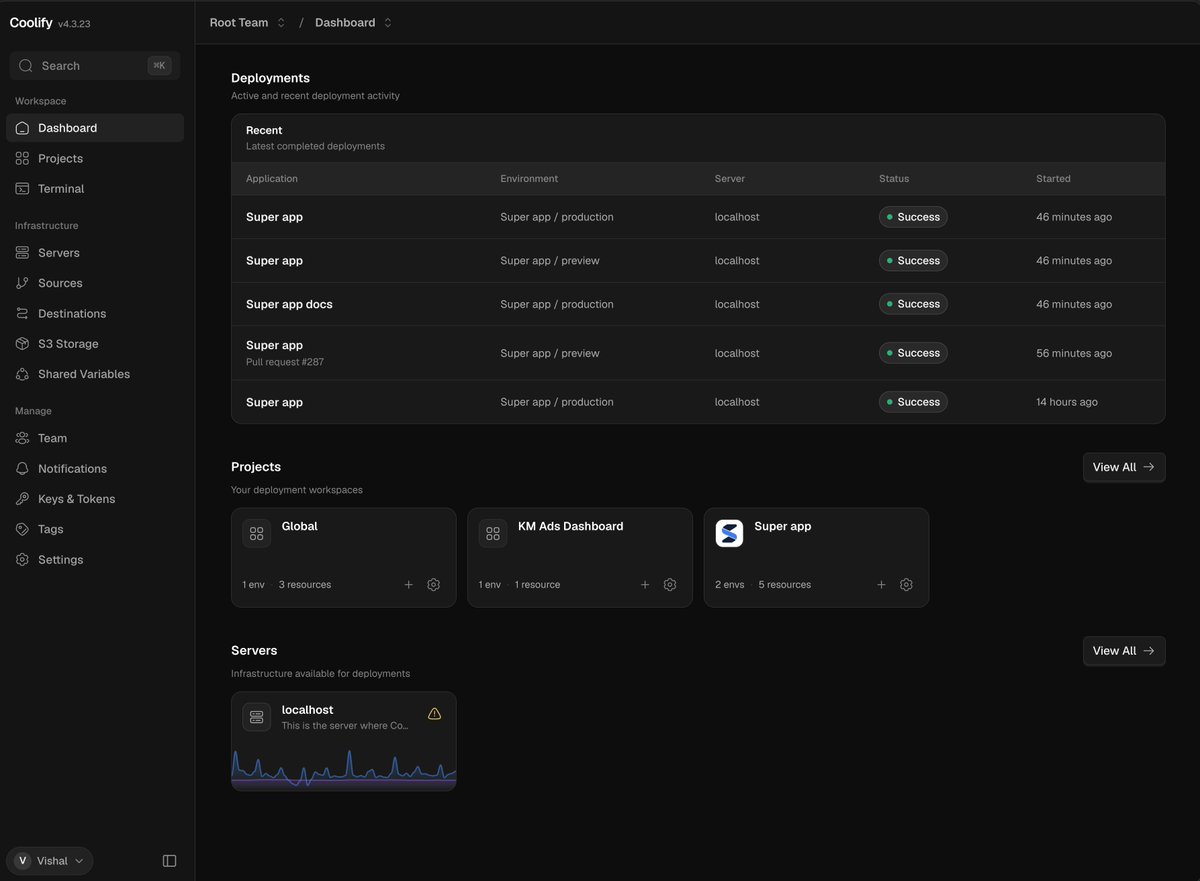 yourcodebuddy's tweet photo. We moved all our apps and services to @coolifyio last night.

Apps:
1. Next.js App (Preview and Production) + Auto Preview Deployments
2. Sendy
3. Plunk (Testing)
4. Fuma Docs (TanStack Start)

2 PostgreSQL 18 Databases
RustFs (S3 Storage)

Overall, we are happy with the migration. Since the Database and App are on the same server, it reacts much faster.

We reduced our costs by 80% with almost zero maintenance overhead. Thanks @coolifyio : )