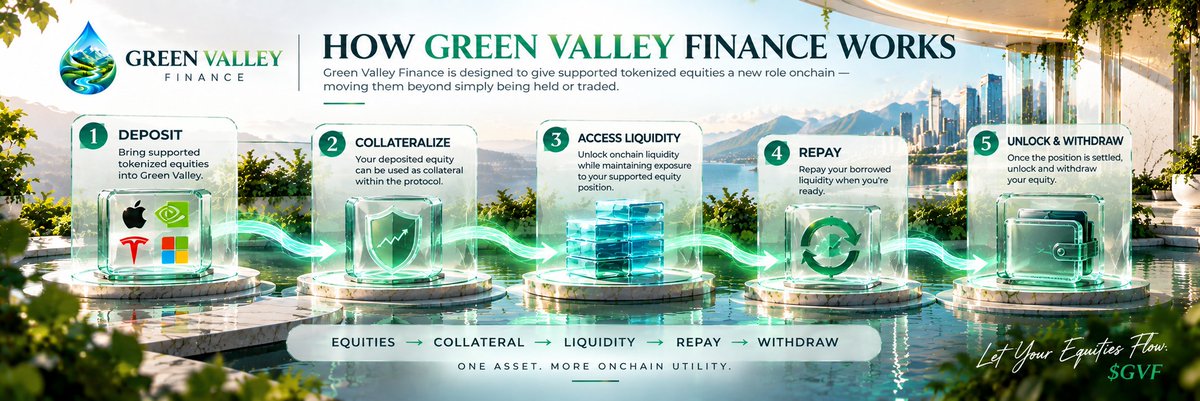 Green_Valleyfi's tweet photo. 🌿 HOW GREEN VALLEY FINANCE WORKS

Green Valley Finance is designed to give supported tokenized equities a new role onchain  moving them beyond simply being held or traded.

The journey is simple:

1️⃣ Deposit
Bring supported tokenized equities into Green Valley.

2️⃣ Collateralize
Your deposited equity can be used as collateral within the protocol.

3️⃣ Access Liquidity
Unlock onchain liquidity while maintaining exposure to your supported equity position.

4️⃣ Repay
Repay your borrowed liquidity when you're ready.

5️⃣ Unlock & Withdraw
Once the position is settled, unlock and withdraw your equity.

Equities → Collateral → Liquidity → Repay → Withdraw

One asset. More onchain utility.

This is how Green Valley is building a bridge between tokenized equities and DeFi. 🌿💧

Let Your Equities Flow.

$GVF