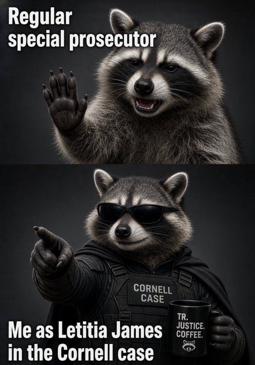 DegenWatchikpy's tweet photo. Regular special prosecutor: 🚫
Me as Letitia James in the Cornell case: 😎
The Internet’s Hero takes justice into his own paws.
Follow if you love good vibes and controlled chaos 🦝⚖️

#Cornell #LetitiaJames #GoodVibesOnly #Memes #X https://t.co/TXIlkaMFo7