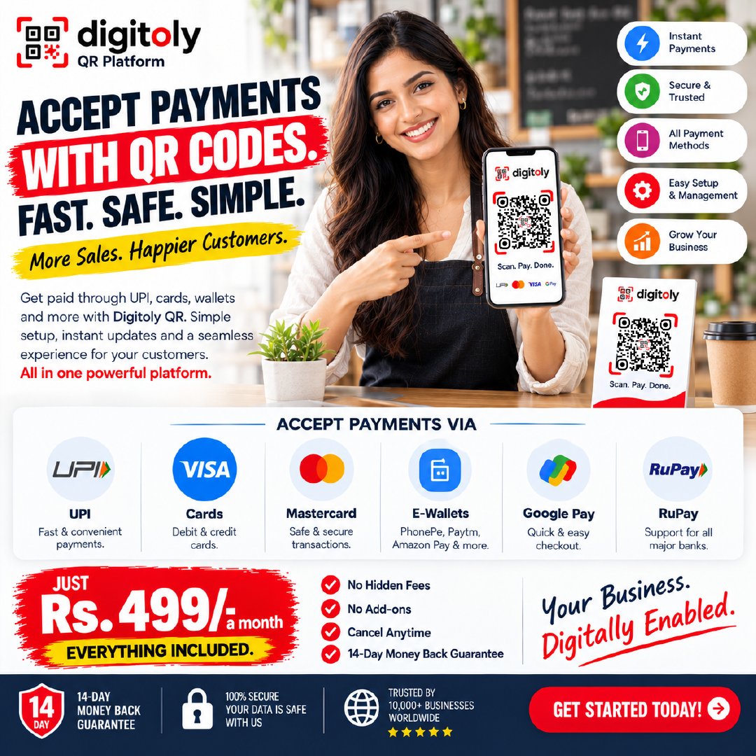 digitoly's tweet photo. Accept payments with QR codes—fast, safe, and simple. More sales, happier customers.
Get paid through UPI, cards, wallets, and more with Digitoly QR for just Rs. 499/- a month!
https://t.co/lUazvJxRxW
#DigitolyQR #DigitalPayments #SmallBusiness #QRPayments https://t.co/gCMNK2or3N