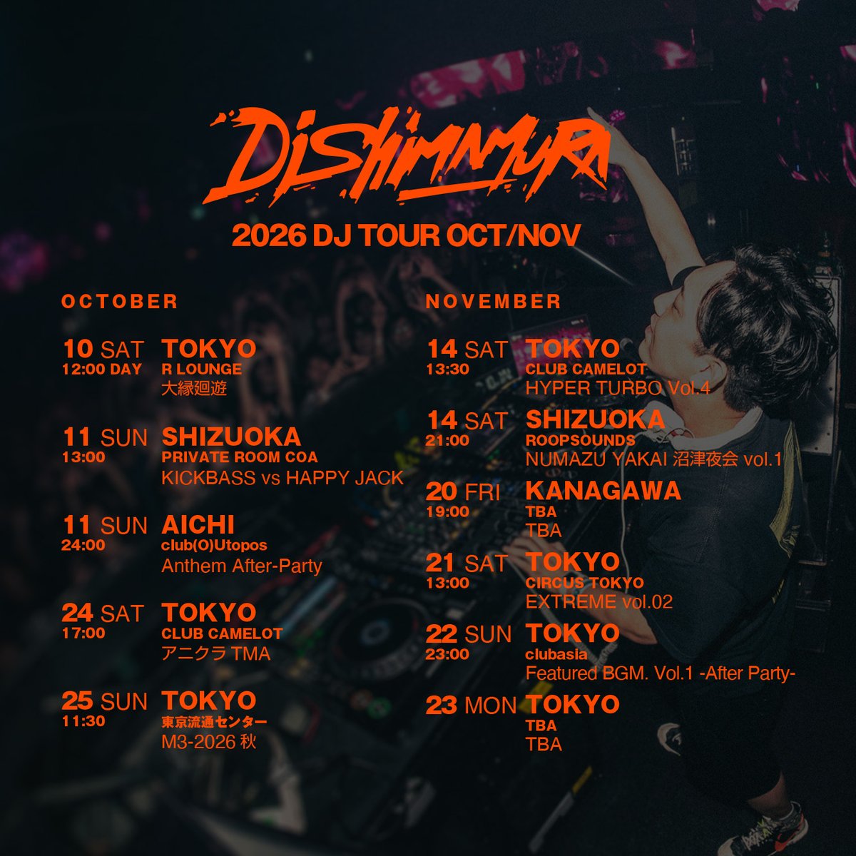 djshimamura's tweet photo. 10月11月の #DJShimamura 出演情報!
誤字があったので修正しました!遊びに来てね〜!
https://t.co/As6aDxIDJC
#大縁廻遊
#KB261011
#Anthem_1011
#アニクラTMA
#HYPERTURBO
#沼津夜会
#extremereal
#FBGM01 https://t.co/WR5zormmud