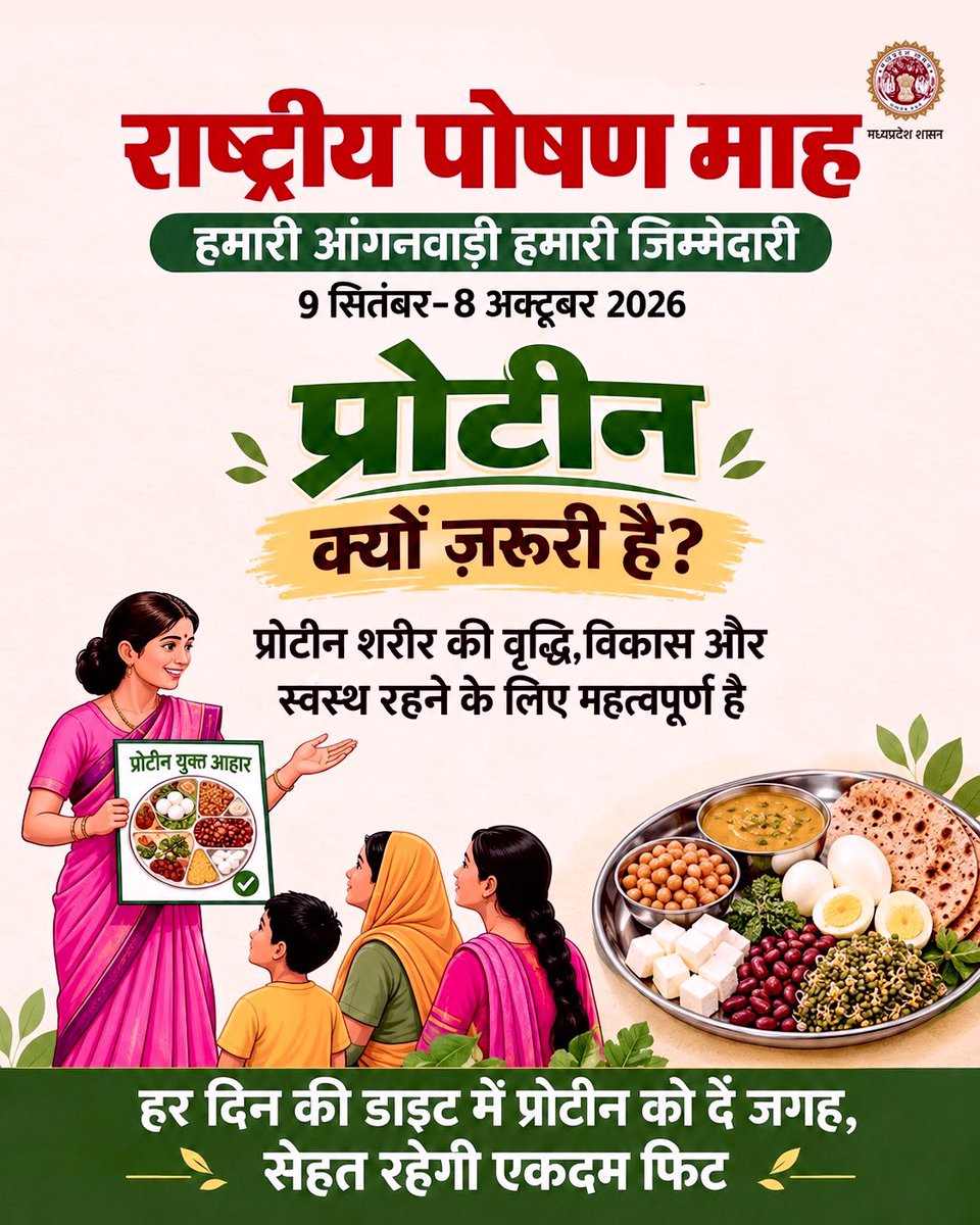 mp_wcdmp's tweet photo. “राष्ट्रीय पोषण माह”

🗓️ 9 सितंबर-8 अक्टूबर 2026

स्वस्थ वृद्धि और विकास के लिए “प्रोटीन” ज़रूरी है।

दालें,फलियां,मेवे, बीज, दूध, अंडे जैसे कई स्थानीय खाद्य पदार्थ प्रोटीन के अच्छे स्रोत हैं।
अपने आहार में पर्याप्त प्रोटीन शामिल करें।

#PoshanMaah2026 https://t.co/Mq2KzPL8XY