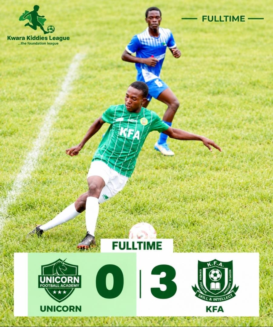 kwarakidsleague's tweet photo. FULL TIME
Unicorn FC 0-3 KFA
22' Solihu Abdulbaki, 33' Adeoye Tobi, 47' Akande Joseph.
#Kwarakiddies | #Kiddiesleague I #DreamInTheRightWay https://t.co/5MRsR5QoGa