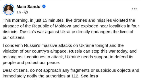 Daractenus's tweet photo. This morning, Russia launched a massive drone incursion into Moldova. At least five Russian drones and missiles violated Moldovan airspace and exploded on Moldovan soil. The explosions were heard in over 10 settlements. https://t.co/DbQcFgFEHL