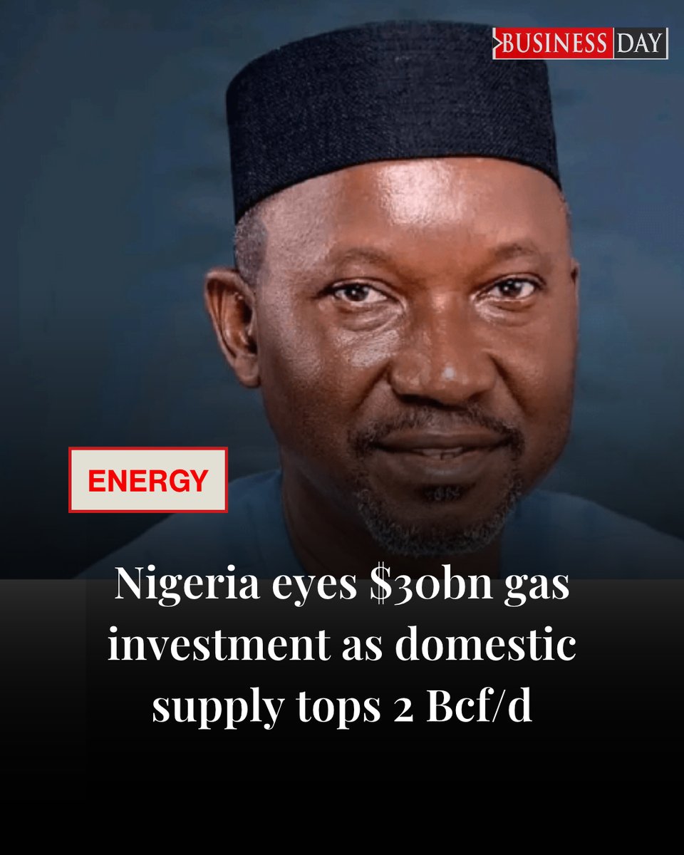 BusinessDayNg's tweet photo. Nigeria’s domestic gas supply has climbed above 2 billion cubic feet a day, a milestone the government says it can build on as it courts about $30 billion of investment in the sector by 2030...

https://t.co/oF31TbRiZU https://t.co/vHIAQGBUUG