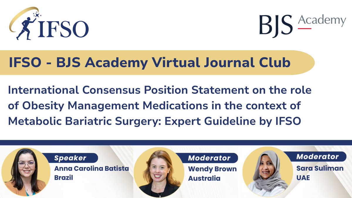 BJSAcademy's tweet photo. ⏪ Revisit our 2026 Virtual Journal Clubs: IFSO × BJS Academy Virtual Journal Club

Where do obesity management medications fit alongside metabolic and bariatric surgery?

Revisit our Virtual Journal Club with IFSO, exploring the international consensus position statement on the role of obesity management medications in the context of metabolic bariatric surgery.

Trainees and experts discuss the evidence, its implications for clinical practice, and how medical and surgical approaches to obesity care can work together.

▶️ Watch the full discussion on BJS Academy:
https://t.co/ZZeF6LO2zb

📺 Or watch via the BJSurgery YouTube channel 
https://t.co/bjWbuLEsPp

#VirtualJournalClub #BariatricSurgery #MetabolicSurgery #ObesityCare #SurgicalEducation #BJSAcademy @IfsoSecretariat @BJSurgery @BjsOpen