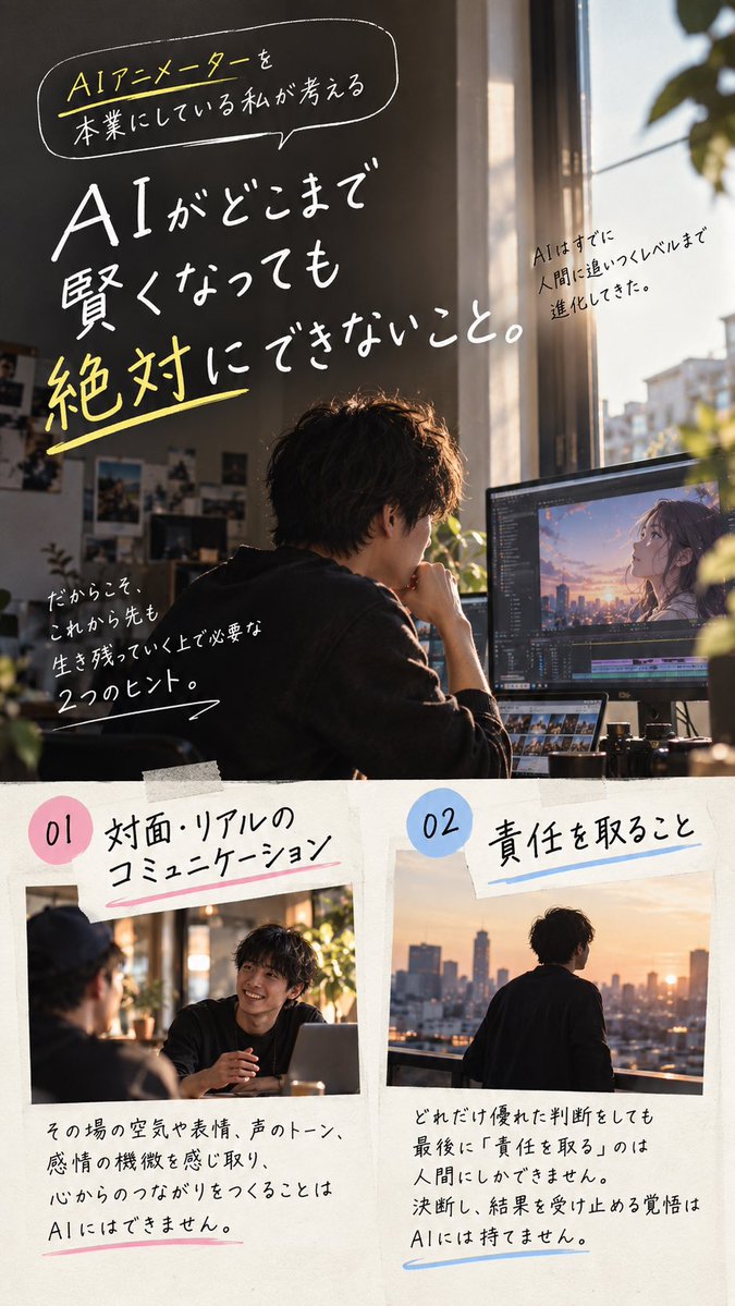 norip_ai's tweet photo. AIアニメーターを本業にしている
私が考える、

AIがどんなに賢くなっても
絶対にできないこと

#ai https://t.co/9re0SL5oPA