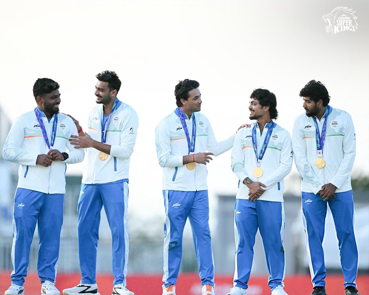 ChennaiIPL's tweet photo. Jubilation in GOLD! 🥇✨

#WhistlePodu #AsianGames2026
📸: BCCI https://t.co/3qS3xbmC7e
