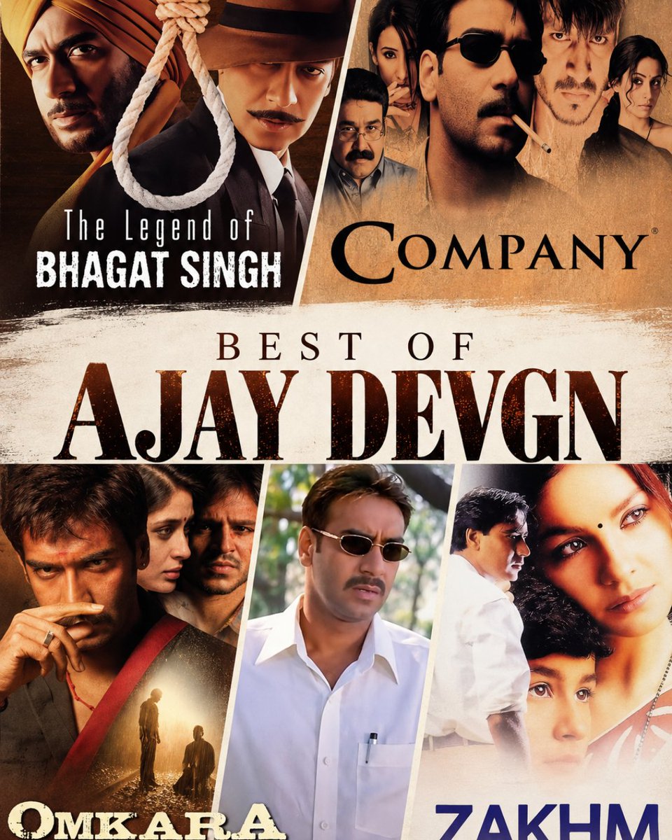Apna_Bollywood's tweet photo. BEST OF AJAY DEVGN. 🎬

One actor. Five completely different worlds. Ajay Devgn has played some seriously unforgettable characters. 

Whats your top 5? https://t.co/wDxgmpGos6