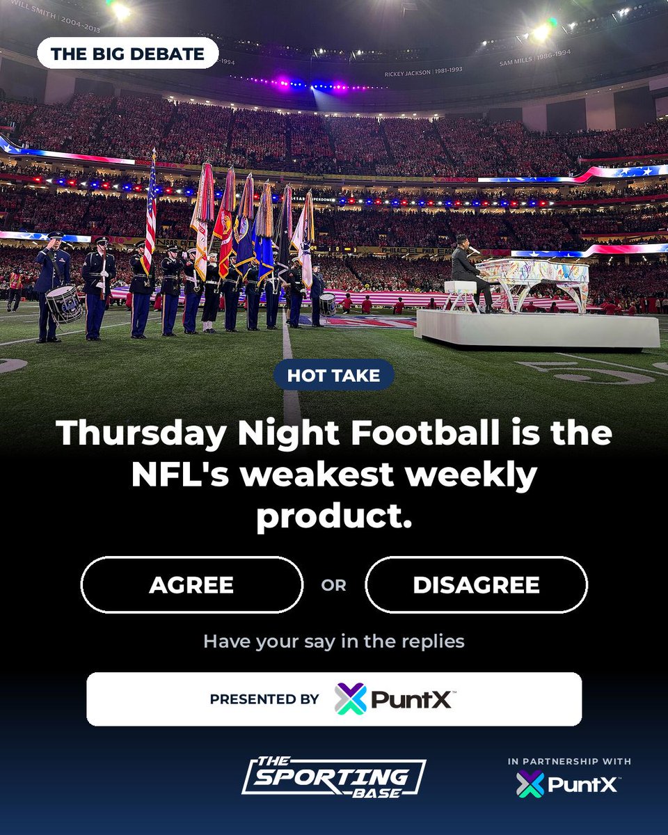 base_nfl's tweet photo. 🚨🏈 Hot take: Thursday Night Football is the NFL's weakest weekly product.

Agree / Disagree — have your say. https://t.co/Olvaq1BscG