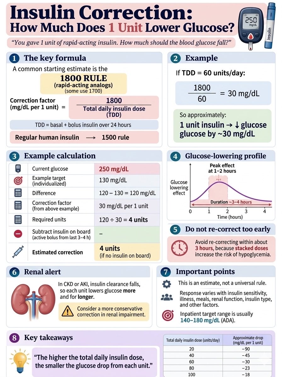 _VarmaVandana's tweet photo. How Much does 1 unit of Insulin lower Glucose??

On an average, 1 unit of rapid-acting insulin lowers blood glucose by about 50 mg/dL (or roughly 2.5 to 3 mmol/L), but this varies widely. 
Factors That change the Drop 
  • 𝗜𝗻𝘀𝘂𝗹𝗶𝗻 𝘀𝗲𝗻𝘀𝗶𝘁𝗶𝘃𝗶𝘁𝘆 : People who are very sensitive to insulin may see a drop of 75 mg/dL or more per unit, while people with 𝗜𝗻𝘀𝘂𝗹𝗶𝗻 𝗿𝗲𝘀𝗶𝘀𝘁𝗮𝗻𝗰𝗲 may only see a drop of 10 to 25 mg/dL per unit. 

𝗧𝗼𝘁𝗮𝗹 𝗗𝗮𝗶𝗹𝘆 𝗗𝗼𝘀𝗲 (𝗧𝗗𝗗): Doctors often estimate your specific correction factor using formulas like the 𝟭𝟱𝟬𝟬 𝗼𝗿 𝟭𝟴𝟬𝟬 𝗿𝘂𝗹𝗲 (dividing 1500 or 1800 by your total daily units of insulin).

𝗔𝗰𝘁𝗶𝘃𝗶𝘁𝘆 𝗮𝗻𝗱 𝗦𝘁𝗿𝗲𝘀𝘀: Exercise, stress, illness, and hormones can change how your body responds to insulin. 

⚠️Disclaimer: only for Education purposes 
This doesn’t replace Professional medical advice or individualised insulin dosing.
#EndoTwitter #Obesity