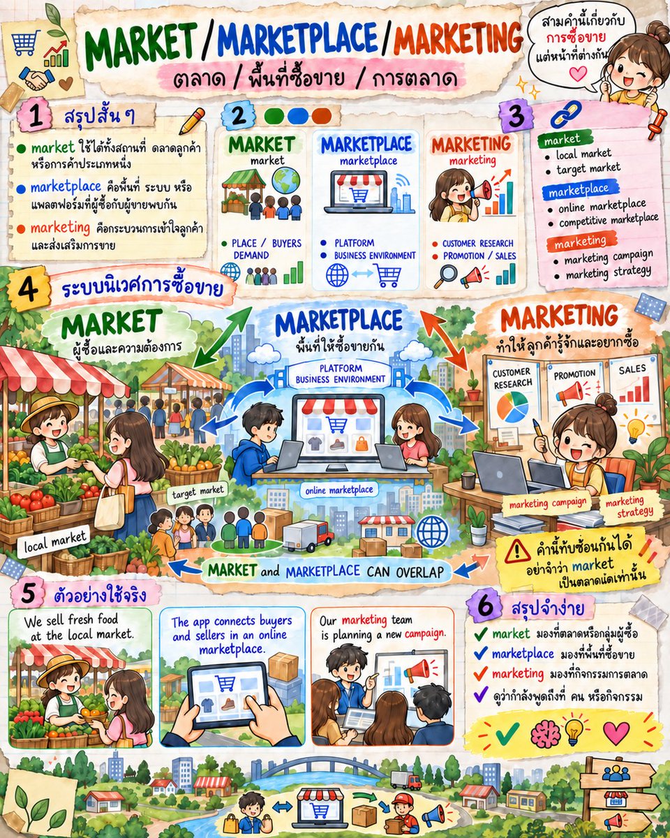 EngnowThailand's tweet photo. market มองที่ตลาดหรือกลุ่มผู้ซื้อ marketplace มองที่พื้นที่ซื้อขาย ส่วน marketing มองที่กิจกรรมทำความเข้าใจลูกค้าและส่งเสริมการขาย #Engnow #BusinessEnglish https://t.co/qEJUDTcxOK