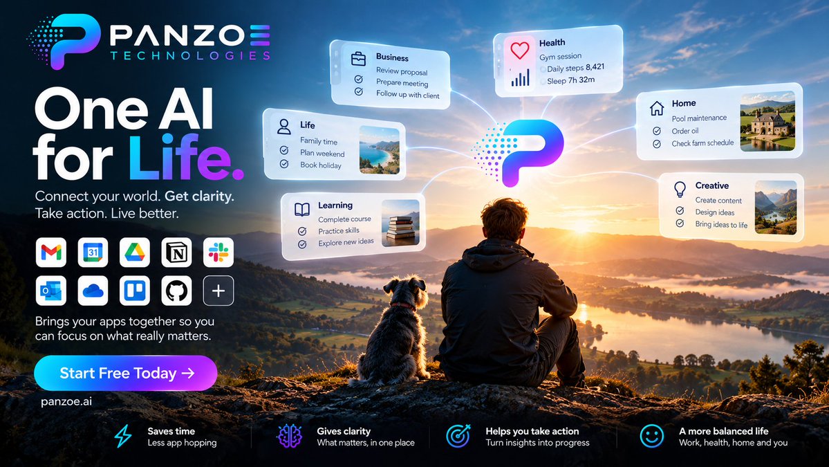 panzoeai's tweet photo. Life doesn’t happen in one app.

Your work is in one place.
Your plans are somewhere else.
Your emails, calendar, ideas, goals and everything in between are scattered across dozens more.

Panzoe was built to bring it together.

One AI that helps you understand what matters, stay ahead of your day, discover opportunities and get things done — across work and life.

Not another AI tool.

One AI for Life. 💜

Start free today → https://t.co/fjJAMRLIsN

#Panzoe #ArtificialIntelligence #AI #Productivity #FutureOfWork #AITools #Tech #SaaS
