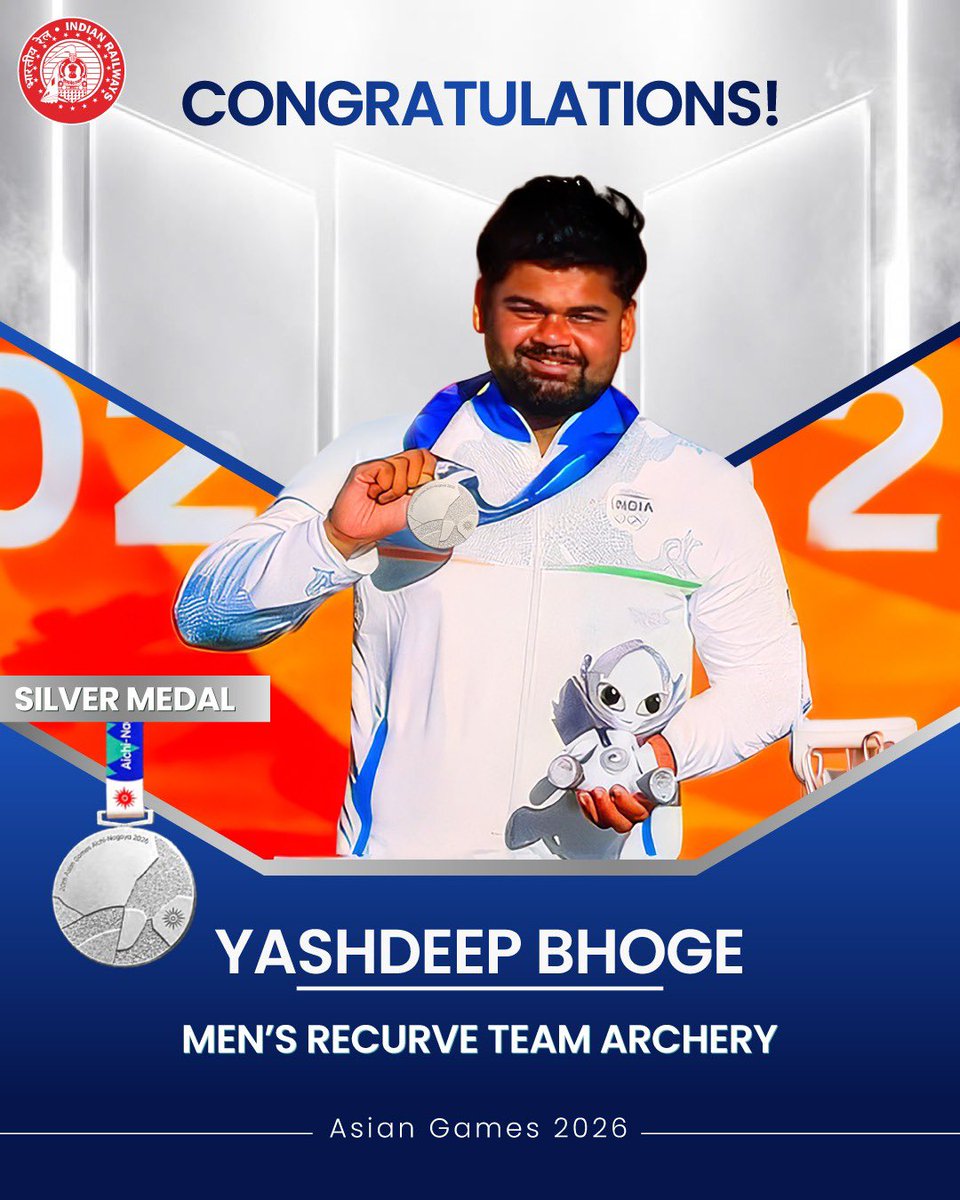 RailMinIndia's tweet photo. Silver for India! 🥈
Congratulations to Yashdeep Bhoge on winning the Silver Medal in the Men’s Recurve Team Archery event at the 20th Asian Games 2026. A proud member of the Indian Railways family, bringing immense honour to the nation!

#AsianGames2026 https://t.co/bA40ylyeKq